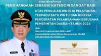 Pj Bupati Marindo Raih Penghargaan Tingkat Nasional Katagori Sangat Baik Untuk Pelayanan Terpadu